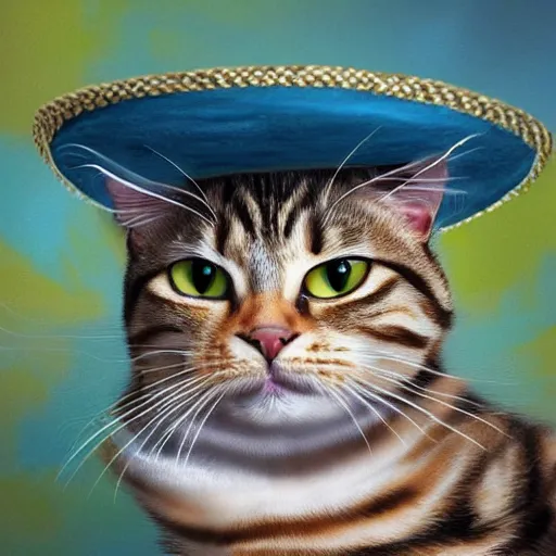Image similar to hyperrealistic, cute feisty expressive tabby cat with a sombrero tucking, highly detailed, hyper detail, cottagecore!!, well lit, dynamic pose