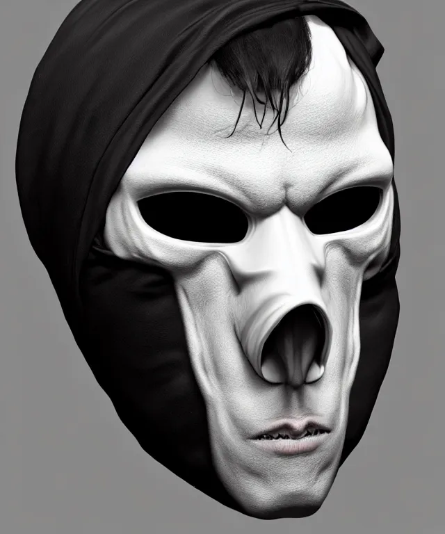 Image similar to white man with black fabric mask, short dark hair, highly detailed face!!!, true anatomy!, extremely detailed!, digital painting, unreal engine 5, art by alberto mielgo