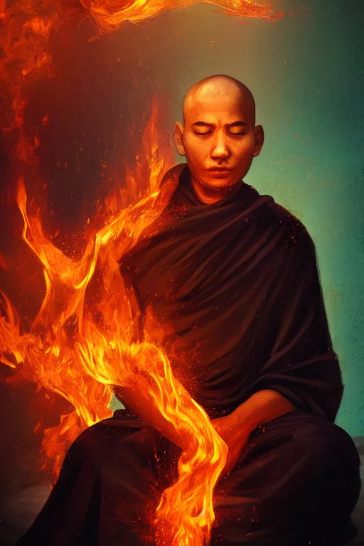 Prompt: A portrait of a single monk meditating in flames by Afshar Petros, Trending on artstation.