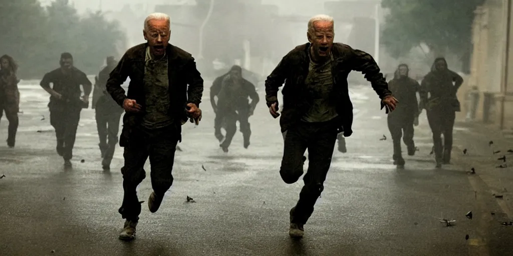 Image similar to movie still of joe biden running away from a hoard of infected zombies in the movie 2 8 days later, detailed, real, cinematic