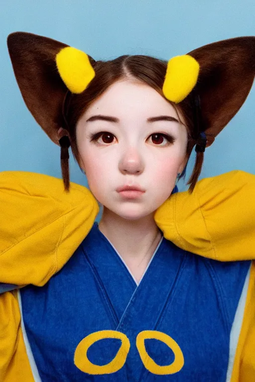 Image similar to girl with brown hair, short horns, long animal ears, a yellow t - shirt and blue overalls, geisha portrait