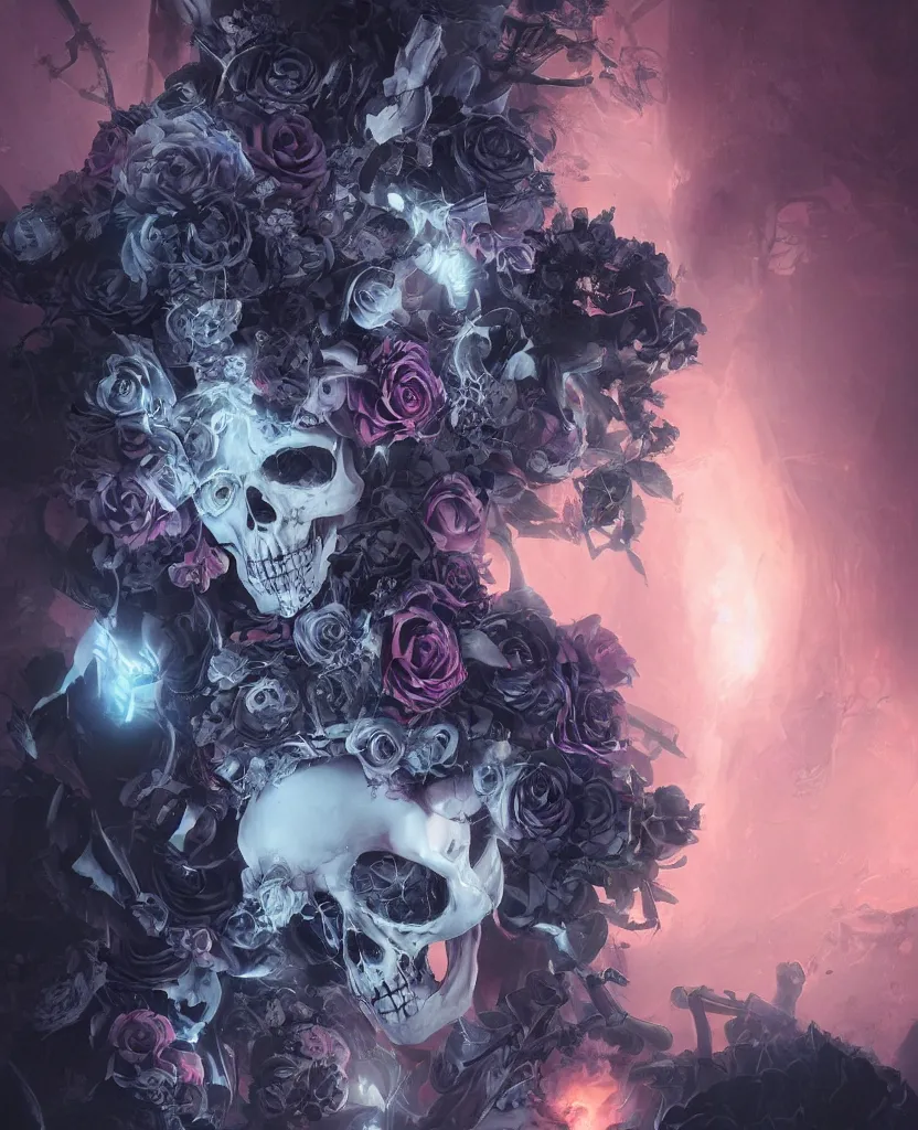 Image similar to a chaotic goddess of death skull black rose s day of the dead atmospheric, dramatic, Trending on artstation. augmentations and cybernetic enhancements neon circuits, greg rutkowski , hyperrealist, cinema4D, 8k highly detailed ❤️‍🔥 🔥 💀 🤖 🚀