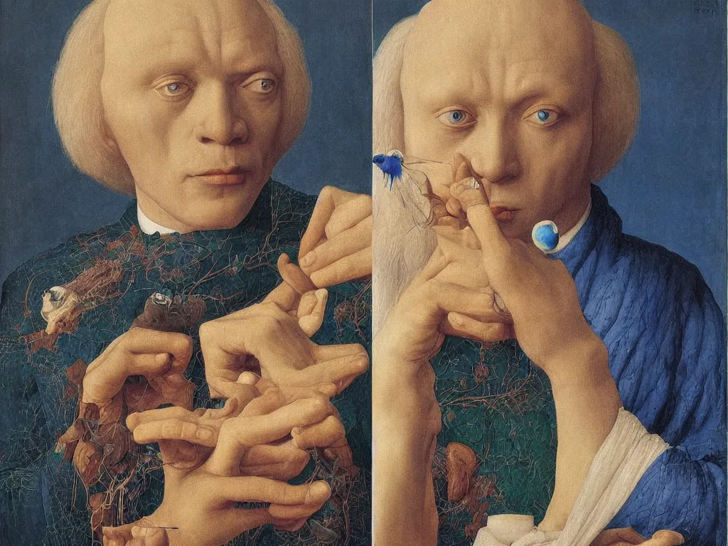 Image similar to Portrait of albino mystic with blue eyes, painting his self-portrait. Painting by Jan van Eyck, Audubon, Rene Magritte, Agnes Pelton, Max Ernst, Walton Ford