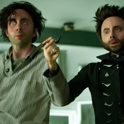 Image similar to charlie day starring as edward scissorhands movie, movie still, 8 k