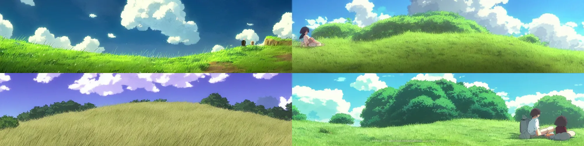 Prompt: fluffy clouds over a grassy hill with a gentle breeze in the style of studio ghibli, by makoto shinkai