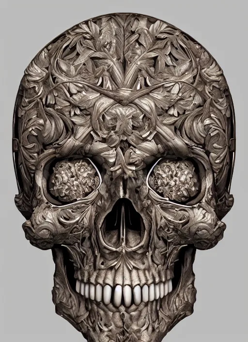 Image similar to hyper realistic photography of intricate renaissance skull ornament relief leaves, cinematic, symmetric detailed, artstation, cgsociety