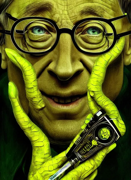 Prompt: bill gates as a reptile with green scales and yellow vertical pupills!!!, holding a syringe!!, portrait, intricate, elegant, highly detailed, digital painting, artstation, concept art, wallpaper, smooth, sharp focus, illustration, art by h. r. giger and artgerm and greg rutkowski and alphonse mucha