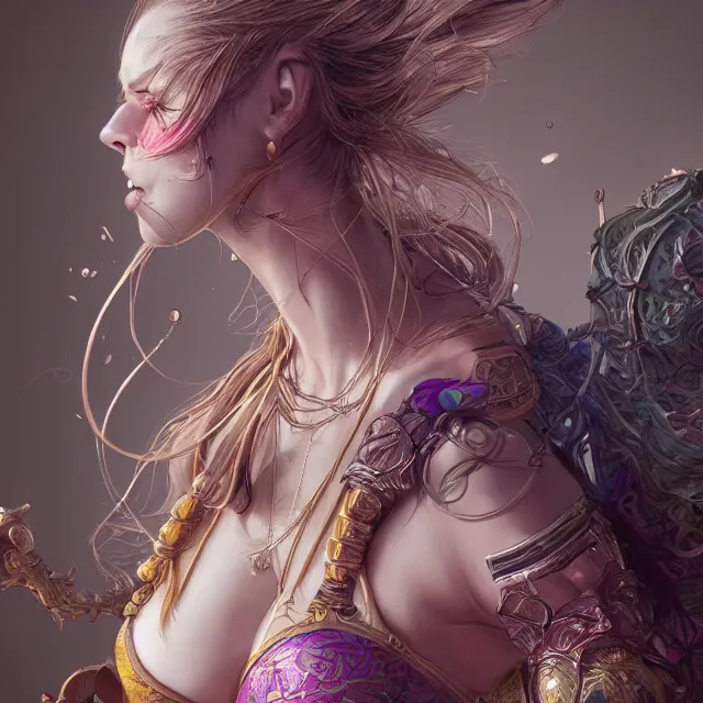 Image similar to studio portrait of neutral good colorful female cleric bard healer as absurdly beautiful, elegant, young sensual swimsuit model, ultrafine hyperrealistic detailed face illustration by kim jung gi, irakli nadar, intricate linework, sharp focus, bright colors, matte, octopath traveler, final fantasy, unreal engine highly rendered, global illumination, radiant light, intricate environment