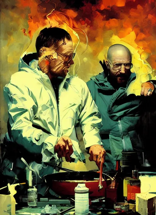 Image similar to walter white and jesse pinkman cooking meth, smoke, painting by phil hale, fransico goya,'action lines '!!!, graphic style, visible brushstrokes, motion blur, blurry, visible paint texture, crisp hd image