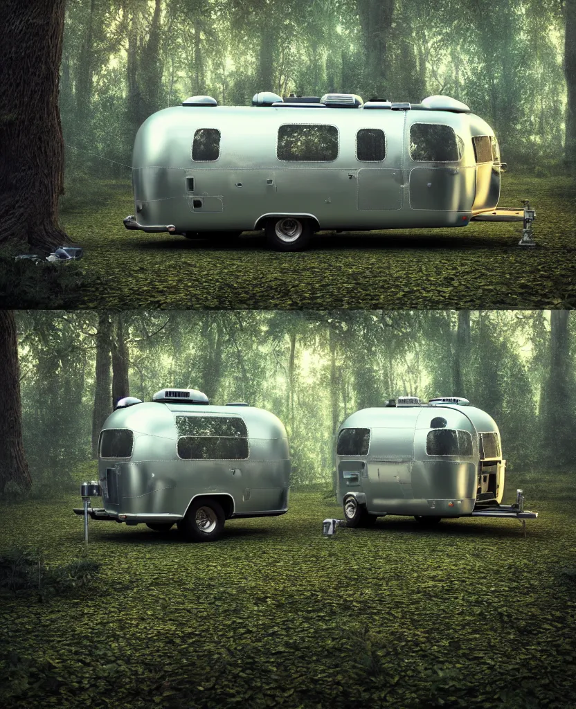 Prompt: image of a sylish vintage airstream camper in magical forest, photorealistic, digital painting, artstation, intricate artwork by Tooth Wu and wlop and beeple. octane render, trending on artstation, greg rutkowski very coherent symmetrical artwork. cinematic, hyper realism, high detail, octane render, 8k