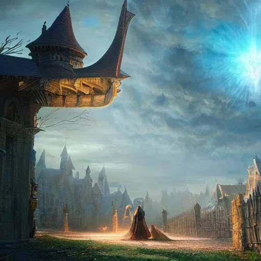 Prompt: wizard casting a powerful spell on a village, beautiful composition, wide angle, colorful, cinematic, volumetric lighting, intricate details painting, by art germ, by greg rutkowski