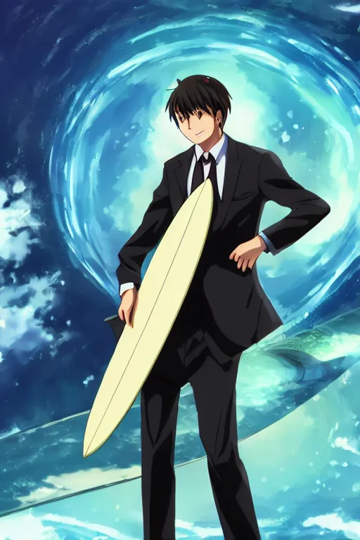 Image similar to anime guy in formal suit surfing through a wormhole using a high technology surfboard, wlop, trending on artstation, deviantart, anime key visual, official media, professional art, 8 k uhd