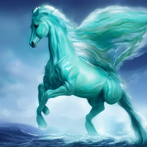 Image similar to a fantastical transparent small turquoise spirit horse made of water and foam and algae and ice, splashing water, wave, translucent, ethereal, noble, radiant, hyperalism, scottish folklore, digital painting, artstation, concept art, smooth, 8 k frostbite 3 engine, ultra detailed, art by artgerm and greg rutkowski and magali villeneuve