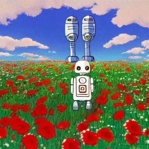 Image similar to a little robot lying in a flower field, painted by studio ghibli