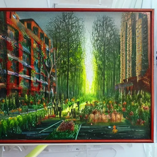 Prompt: Beautiful city of the future, overgrown with trees and plants. Nice colour scheme, warm colour. Beautiful artistic painting by artist Lurid. (2022)