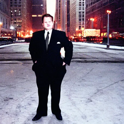 Prompt: 1 9 9 8 andy richter wearing a black suit and necktie standing on the streets of chicago at night in winter.