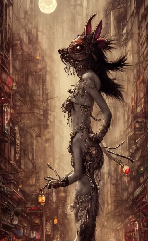 Image similar to hyper realistic Princess Mononoke, ornate mask magic, wet market street, cyberpunk metropolis, city landscape, jewels, full body pose, full moon, wolf by her side, style of tom bagshaw, mucha, james gurney, norman rockwell, denoised, sharp