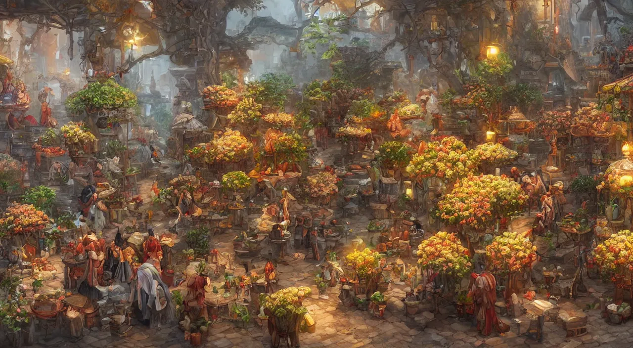 Image similar to Osmanthus Marketplace by Tony Sart, trending on artstation