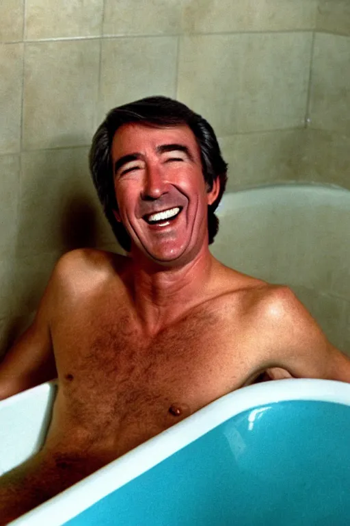 Image similar to randy mantooth laughing and sitting inside a bathtub filled with yellow water
