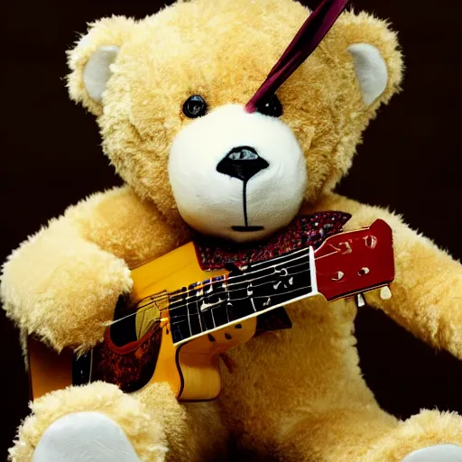 Prompt: a photograph of a teddybear, he is holding a guitar, vivid color, 50mm, depth of field