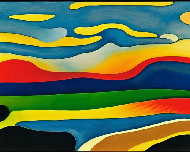 Image similar to A wild, insane, modernist landscape painting. Wild energy patterns rippling in all directions. Curves, organic, zig-zags. Saturated color. Mountains. Clouds. Rushing water. Wayne Thiebaud. Tarsila do Amaral. Zao Wou-ki.