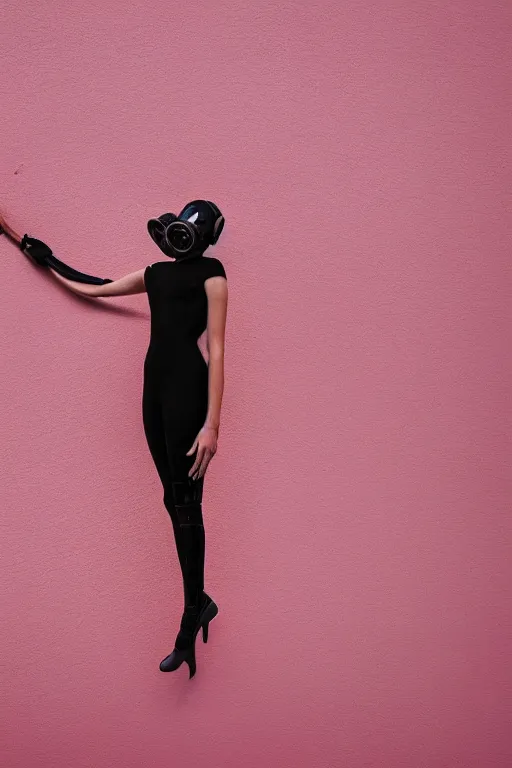 Image similar to a surreal portrait of intertwined and contorted figures wearing gas mask next to a pink wall in the style of brooke didonato, editorial fashion photography from vogue magazine, full shot, nikon d 8 1 0, ƒ / 2. 5, focal length : 8 5. 0 mm, exposure time : 1 / 8 0 0, iso : 2 0 0