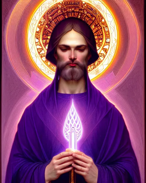 Image similar to symmetry portrait of saint germain holding a violet flame, intricate, elegant, highly detailed, digital painting, artstation, concept art, smooth, sharp focus, illustration, art by artgerm and greg rutkowski and fra angelico and alphons mucha