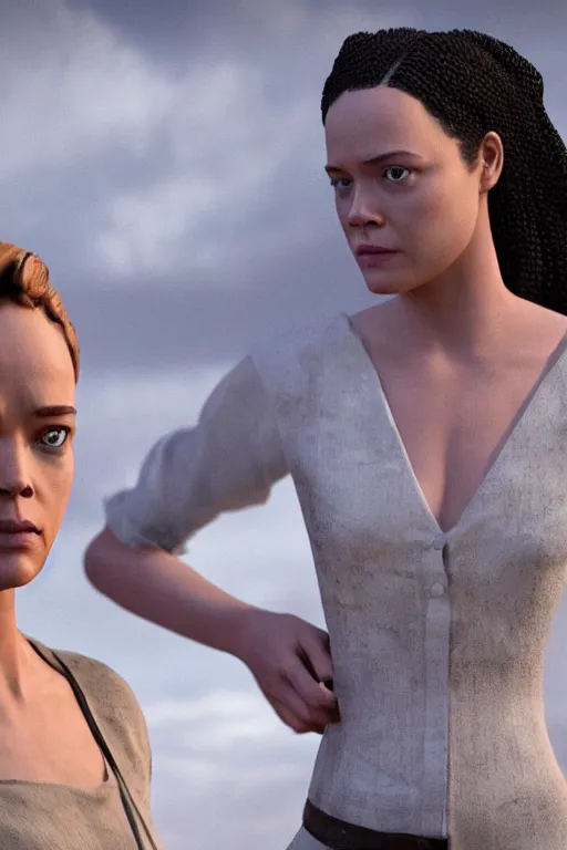 Image similar to Tessa Thompson and Evan Rachel Wood star in HBO's Westworld, 3d render, Pixar