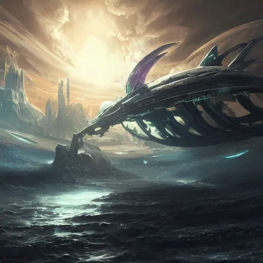 Image similar to a spiky eldritch imperial squid space ship leviathan travelling near a huge city on a planet by Marek Okon, god rays, fantasy art, 4k, HDR, photorealistic, 8k, trending on artstation