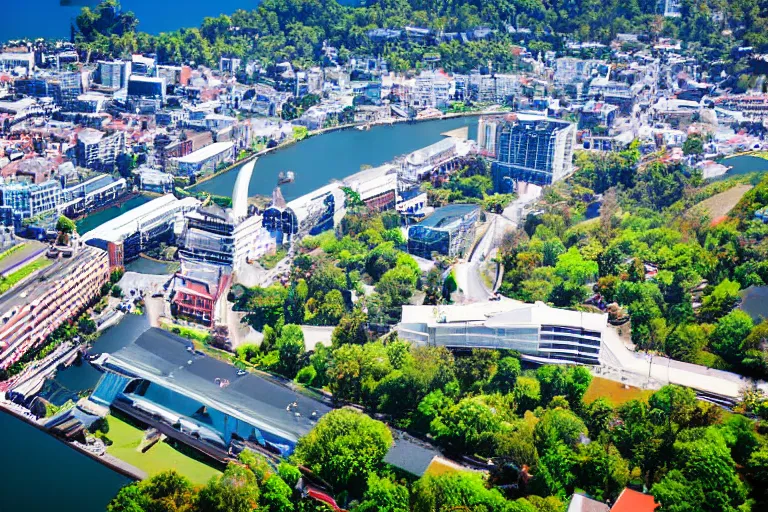 Image similar to bird's eye view photography of a small city. town hall, central farm, monorail station, beach and harbor. hills, woods and lake to the north.