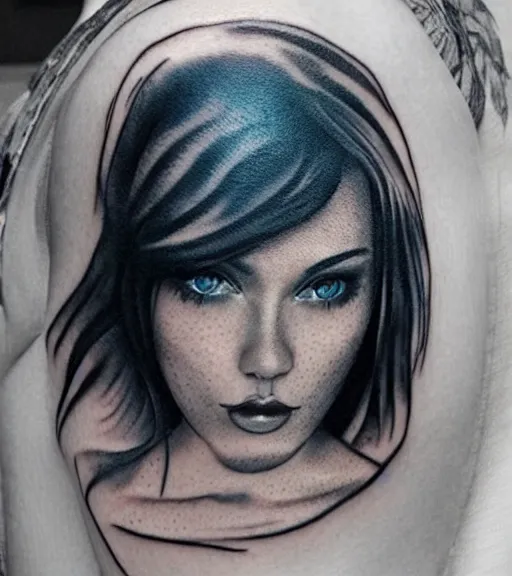 Image similar to tattoo design sketch of a beautiful blue - eyed woman face with a faded background of beautiful mountains and nature on her side, hyper - realistic, in the style of den yakovlev, amazing detail, black and white
