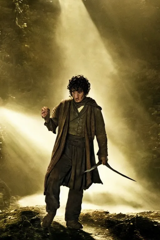 Image similar to film still of bruce springsteen as frodo baggins in lord of the rings movie, glamour pose, dramatic lighting, octane, volumetric lighting, 8 k