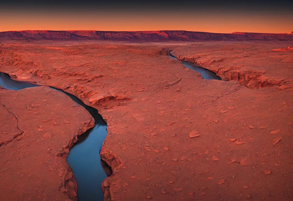 Image similar to a river bend running through a canyon surrounded by desert mountains at sunset on mars, planet mars, moab, utah, a tilt shift photo by frederic church, trending on unsplash, hudson river school, photo taken with provia, national geographic photo