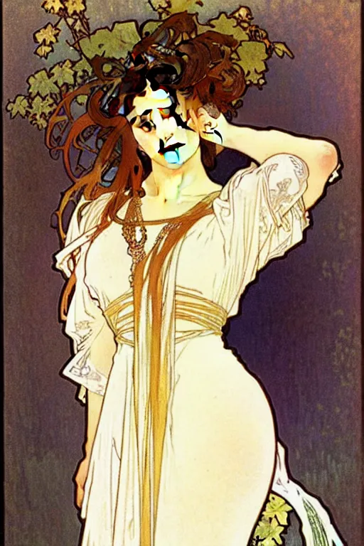 Image similar to cute girl portrait with open chest white ancient clothes by Alphonse Mucha