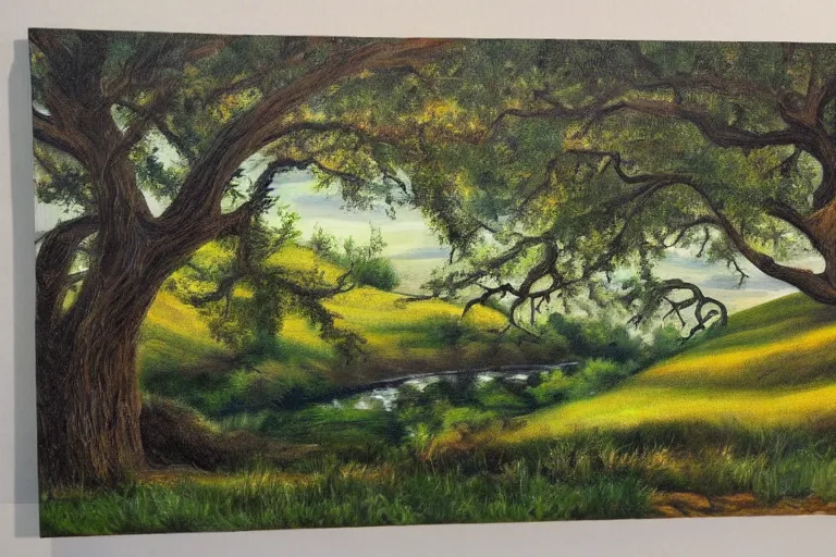 Prompt: masterpiece painting of oak trees on a hillside overlooking a creek, dramatic lighting, by nora collyer