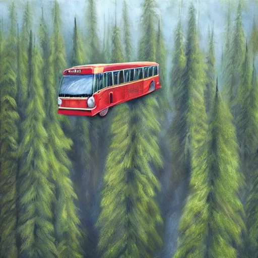 Image similar to a bus with wings [ flying above a forest and lake ], [ oil painting ]!!, trending on cgsociety, 4 k