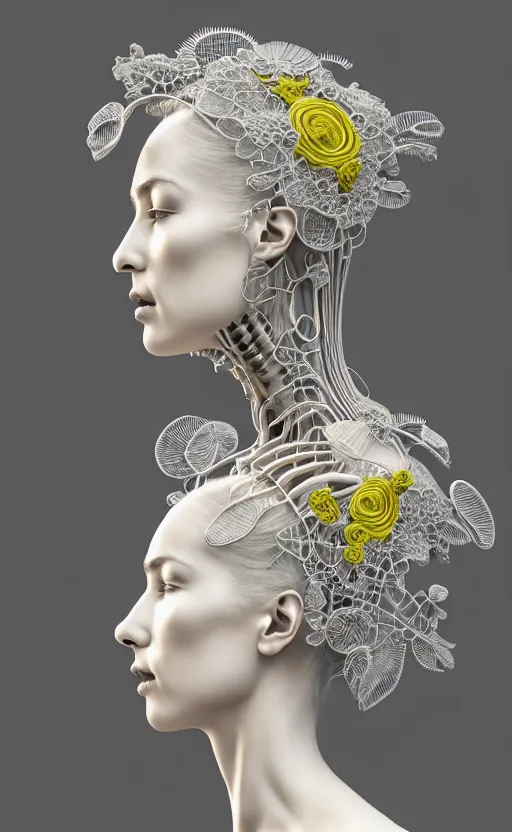 Prompt: complex 3d render ultra detailed of a beautiful porcelain profile woman face, biomechanical cyborg, analog, 150 mm lens, beautiful studio soft light, rim light, silver light lemon details, big leaves and stems, roots, fine foliage lace, mesh wire, Alexander Mcqueen high fashion haute couture, art nouveau fashion embroidered, steampunk, intricate details, hyper realistic, ultra detailed, mandelbrot fractal, anatomical, facial muscles, cable wires, microchip, elegant, octane render, H.R. Giger style, volumetric lighting, 8k post-production