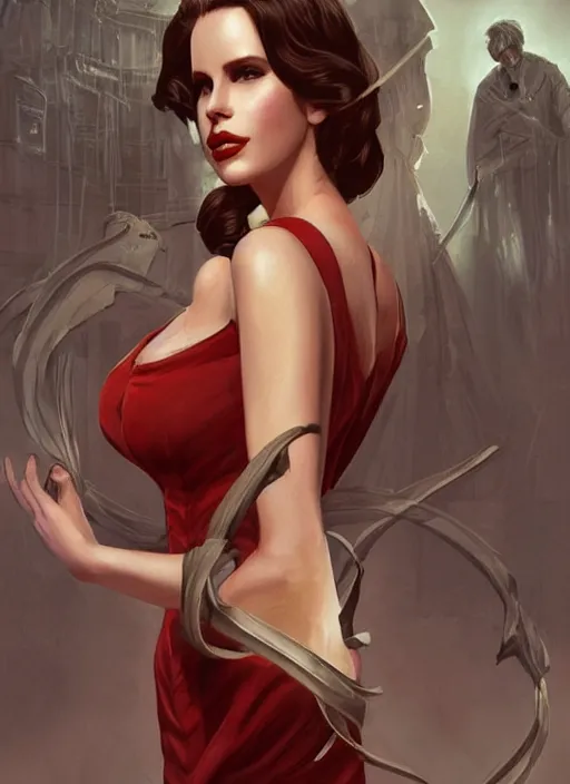Prompt: lana del rey as a heroine with a dress inspired by american horror story, holding her chest, large bosum, digital painting, artstation, concept art, smooth, sharp focus, illustration, in - frame, centered, art by artgerm and donato giancola and joseph christian leyendecker, ross tran, wlop