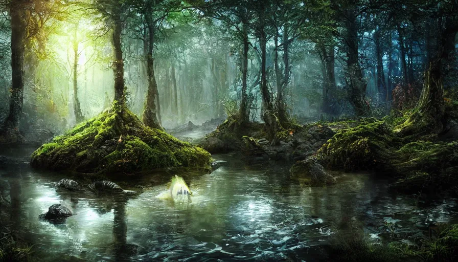 Prompt: high definition photograph fantasy art, hyper realistic, hyperrealism, luminous water, woody foliage, 8 k dop dof hdr fantasy forest art, by aleski briclot and alexander'hollllow'fedosav and laura zalenga