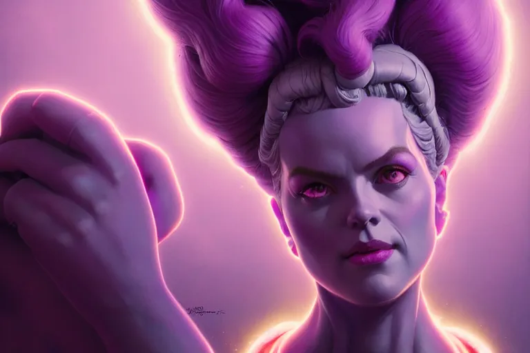 Prompt: thanos marie antoinette, neon god of city character portrait, rococo, in the style of moebius, artstation, greg rutkowski, artgerm, rockwell, wlop, tom bagshaw, and waterhouse, perfect face, expressive eyes, sharp focus, cinematic lighting, beautiful, elegant, oil painting,