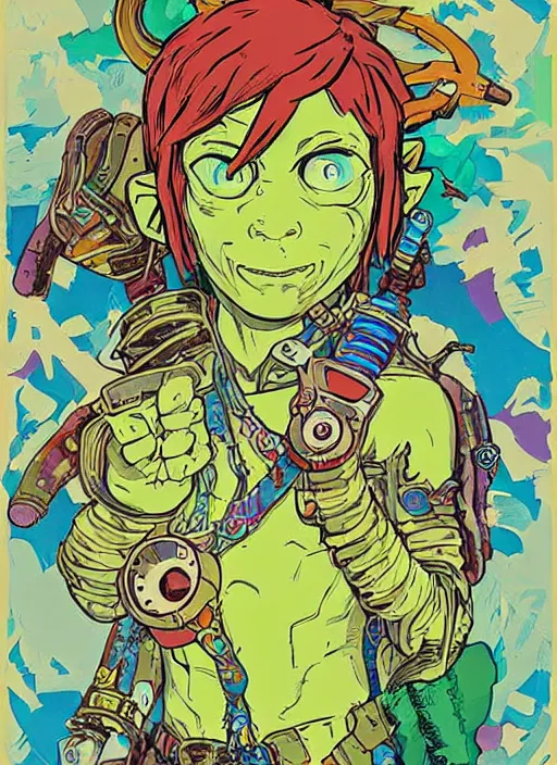 Image similar to biopunk majoras mask link from zelda!! portrait illustration, pop art, splash painting, art by geof darrow, ashley wood, alphonse mucha, makoto shinkai