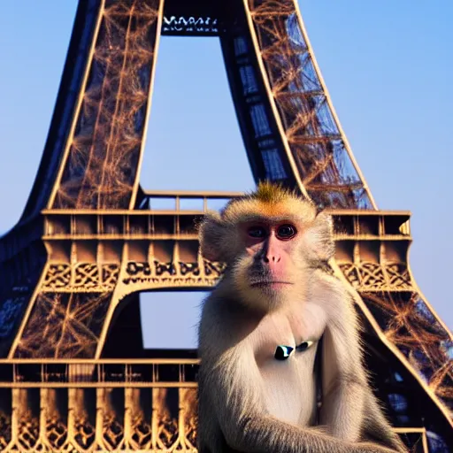 Image similar to high quality portrait of a monkey in front of eiffel tower, studio photograph, photograph, realistic photo, 8k photo, 4k photo, stock photo, high resolution, cinematic shot, high detail