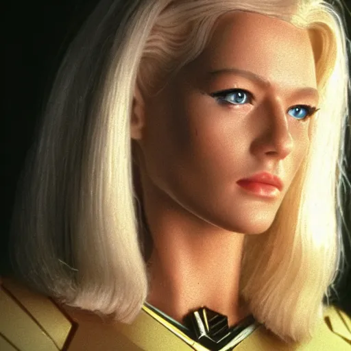 Image similar to very pretty blond borg queen, moody lighting, shallow depth of field, in the style of star trek,