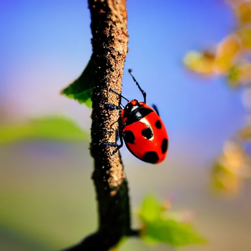 Prompt: A realistic photo of a lady bug on a tree up close