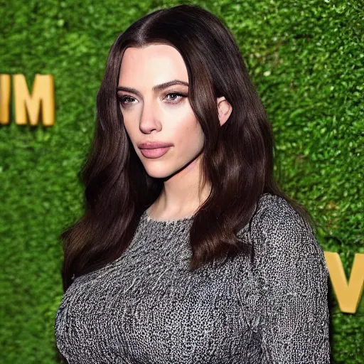 Image similar to a woman who is a genetic combination of kim kardashian and kat dennings and scarlett johansson and margot robbie and emma watson face and upper - body focus