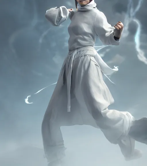 Image similar to a female monk dressed in white tapered clothes controlling the spirits around her, octane render, character art, fighting pose, action pose, digital art, trending on artstation, 8k, epic composition, highly detailed, sharp focus