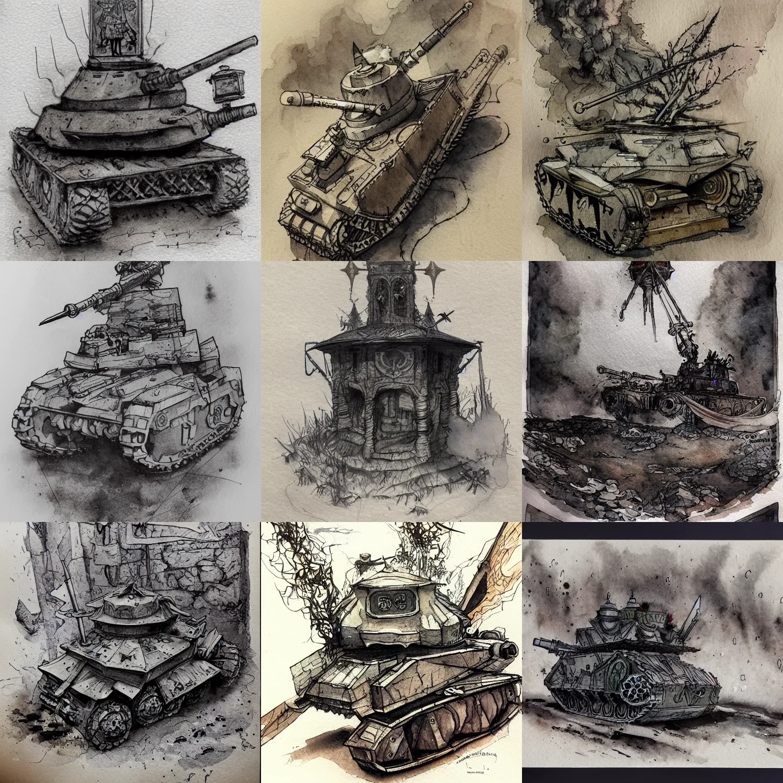 Image similar to beautiful aesthetic inspirational masterful professional ink pen and watercolor sketch of an occult mystical eerie satanic tank in ww 1 verdun, fine details, trending on artstation, high quality paper