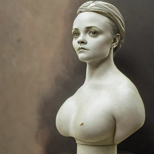 Image similar to beautiful lifelike award winning marble statue bust of christina ricci trending on art station artgerm greg rutkowski alphonse mucha museum quality cinematic atmospheric