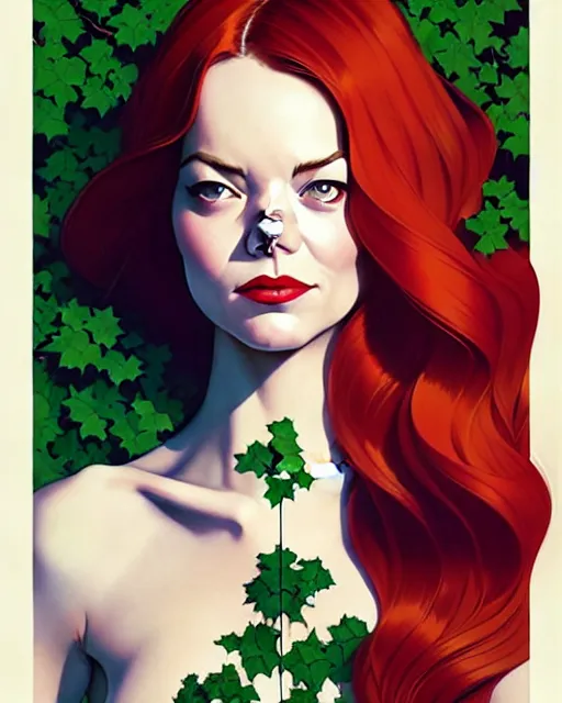 Image similar to joshua middleton, phil noto, norman rockwell, artgerm, emma stone poison ivy dc comics, vines, symmetrical eyes, city rooftop