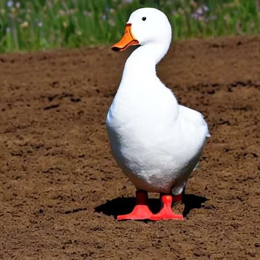 Prompt: a white duck, standing on a motocross track